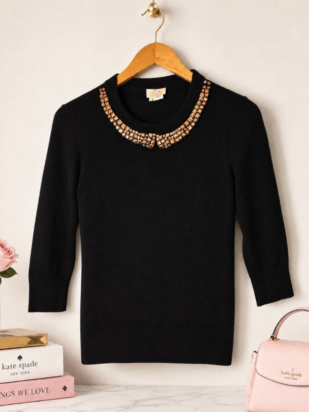 Kate Spade Avaline Sweater Jeweled Black Wool Cashmere Pullover Medium